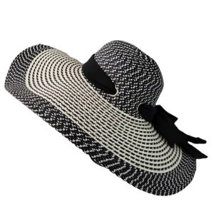 🅴 D&Y Wide-brim floppy braided woven sun hat with black chiffon bow